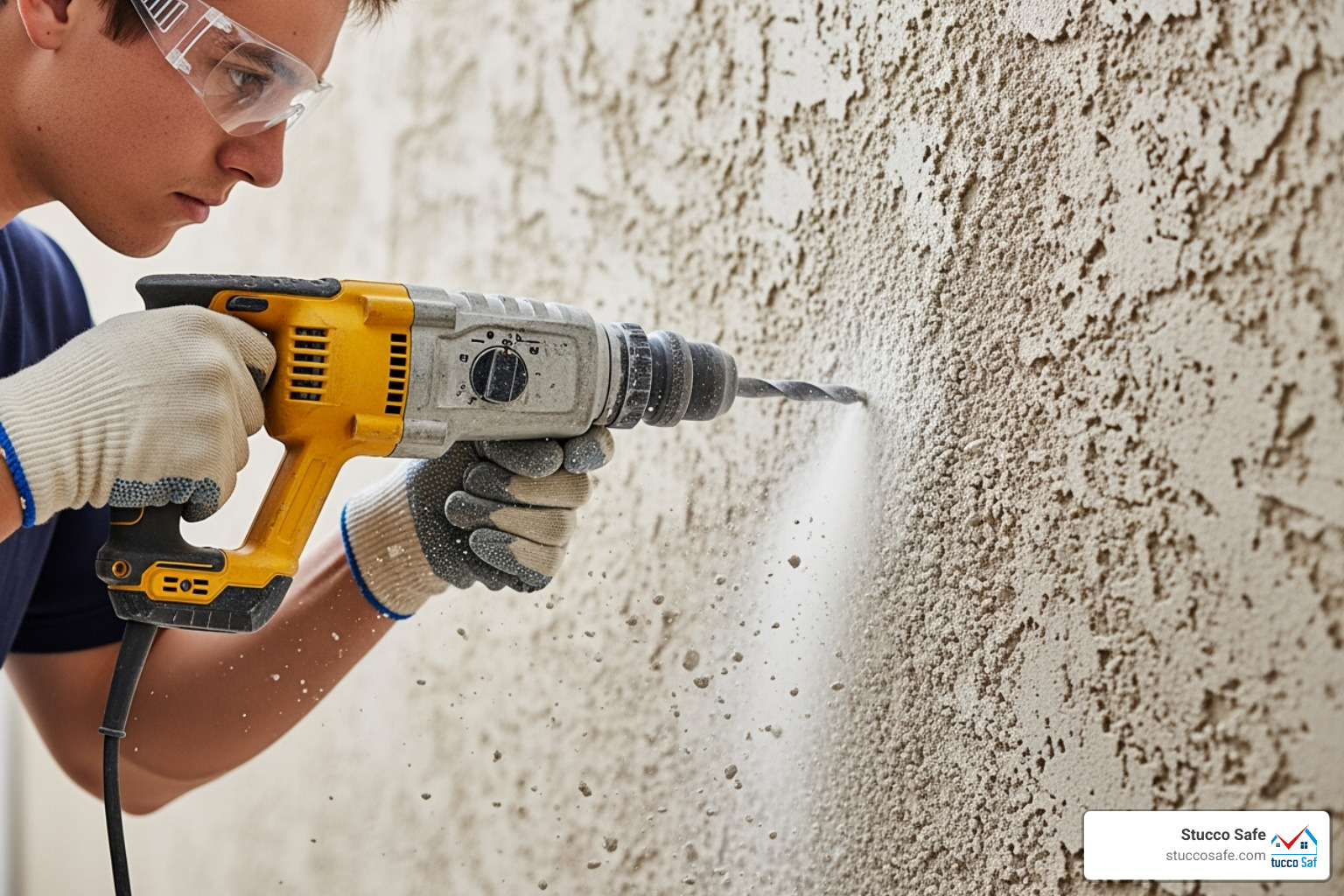 person wearing safety glasses and drilling into a stucco wall - what anchors to use for stucco