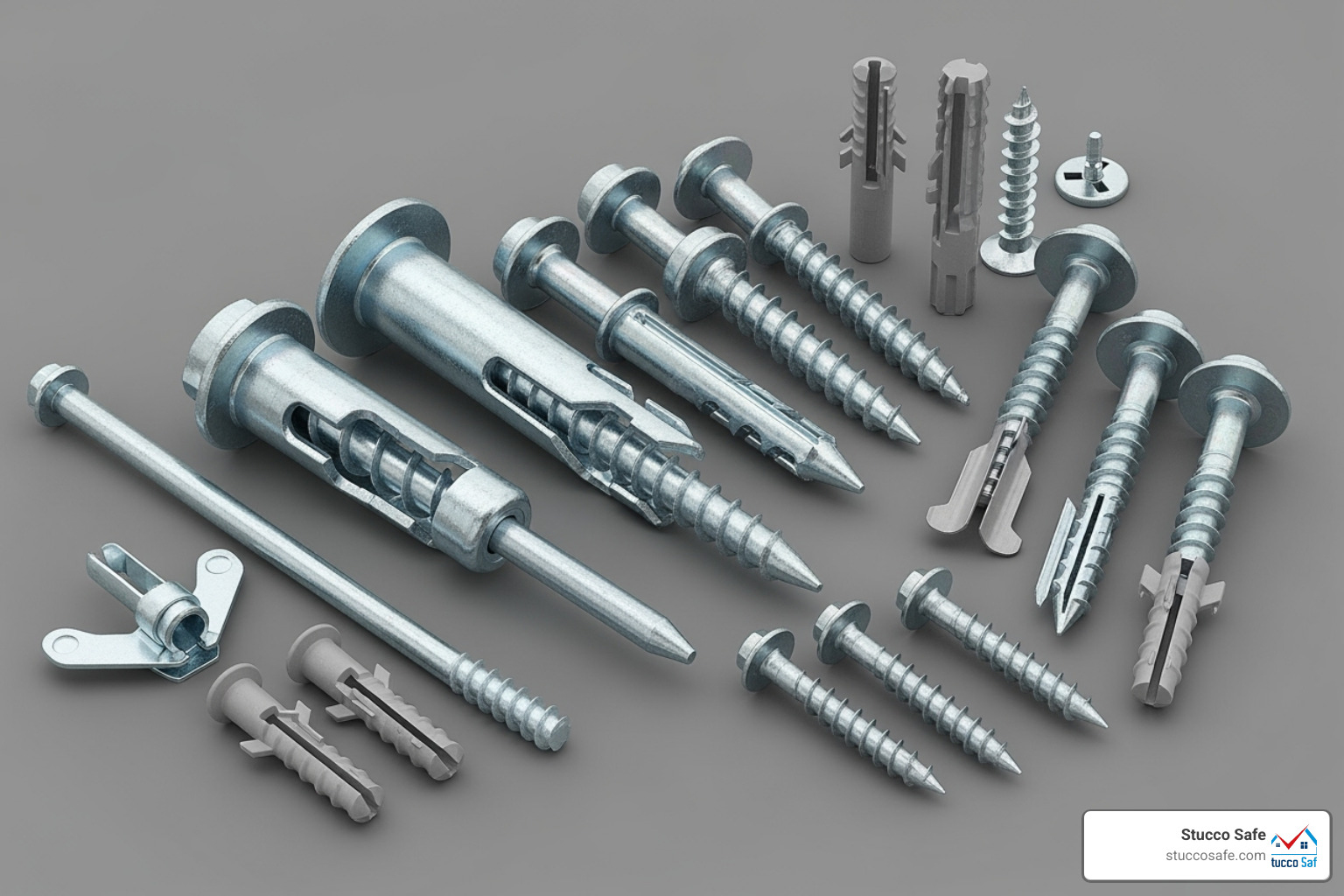 collection of different stucco-appropriate anchors - what anchors to use for stucco