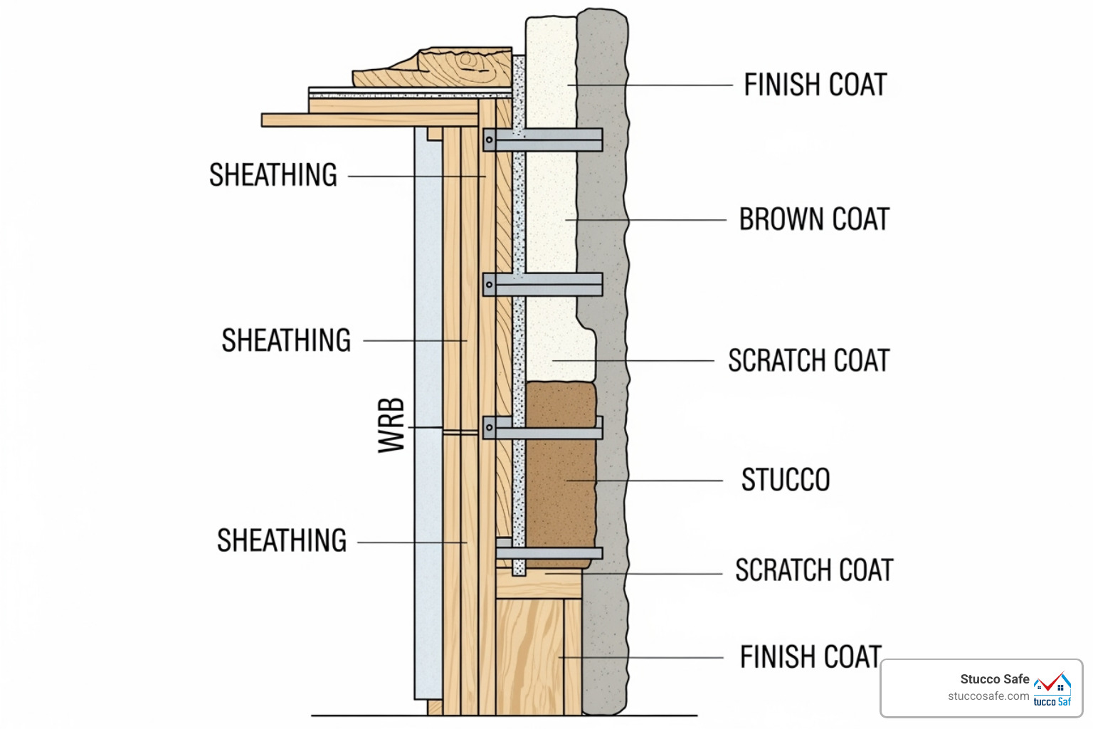 cross-section of a stucco wall showing the layers - what anchors to use for stucco