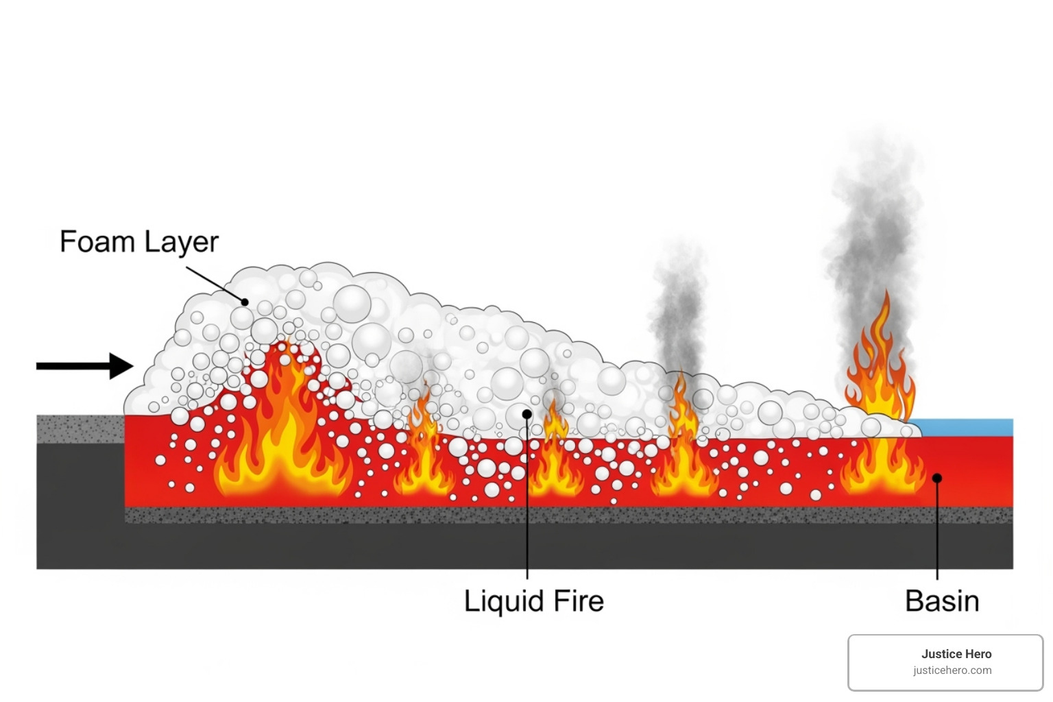 diagram showing how AFFF foam smothers a fire - firefighter lawsuit foam