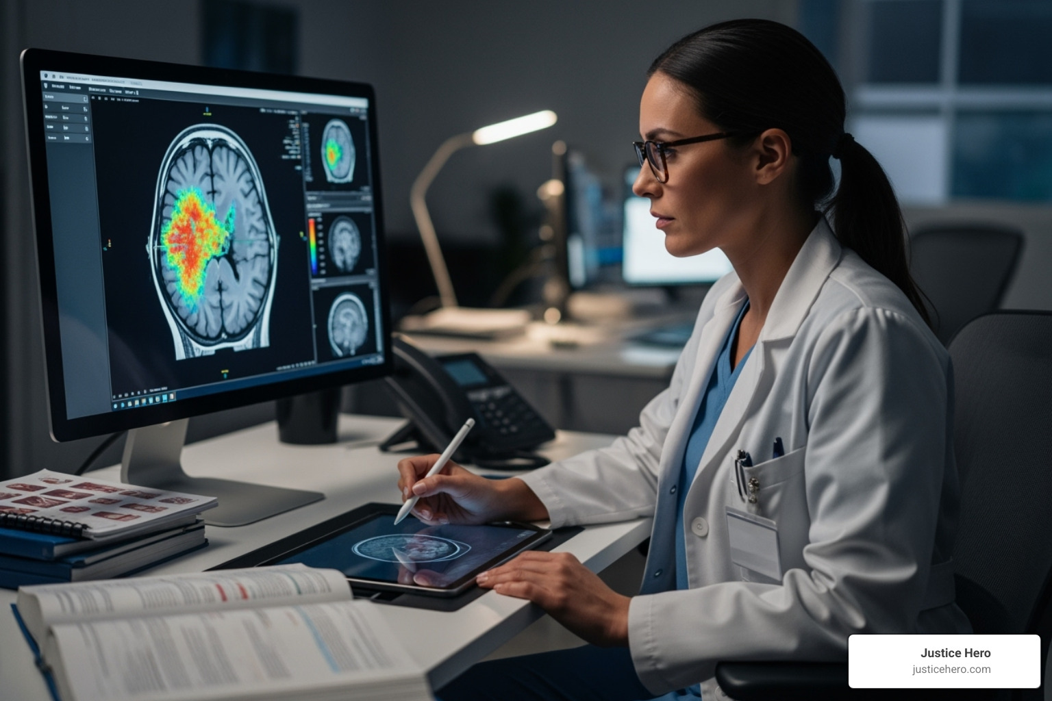 medical professional reviewing a patient's scan - firefighter lawsuit foam