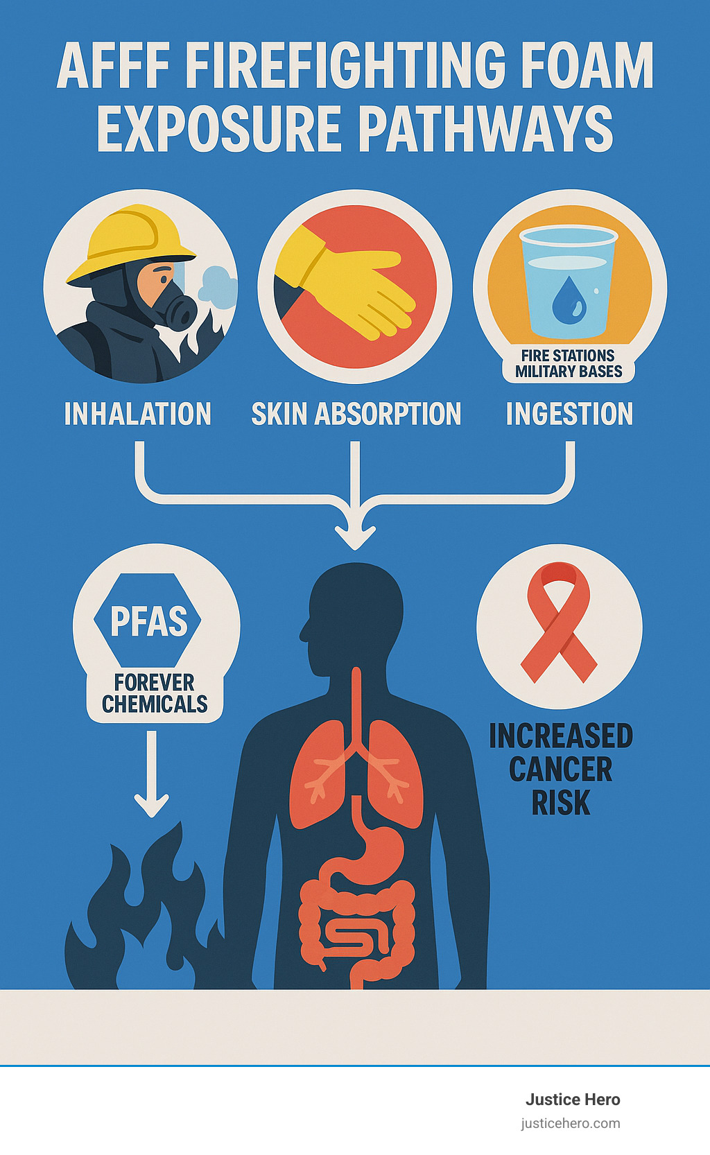Infographic showing AFFF firefighting foam exposure pathways including inhalation during firefighting operations, skin absorption through protective gear contact, ingestion of contaminated water at fire stations and military bases, and the bioaccumulation of PFAS forever chemicals leading to increased cancer risks in firefighters and emergency responders - firefighter lawsuit foam infographic 