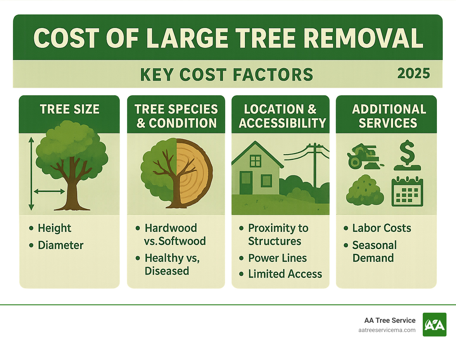 Infographic showing the key cost factors for large tree removal: tree size (height and diameter), tree species and condition (hardwood vs softwood, healthy vs diseased), location and accessibility (proximity to structures, power lines, limited access), additional services (stump grinding, debris removal, permits), and regional factors (labor costs, seasonal demand) - cost of large tree removal infographic Infographic showing the key cost factors for large tree removal: tree size (height and diameter), tree species and condition (hardwood vs softwood, healthy vs diseased), location and accessibility (proximity to structures, power lines, limited access), additional services (stump grinding, debris removal, permits), and regional factors (labor costs, seasonal demand) - cost of large tree removal infographic
