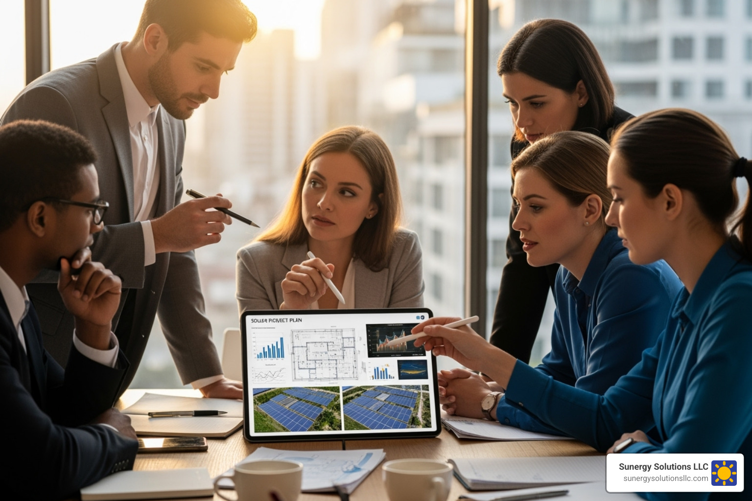 A diverse group of business professionals reviewing a solar project plan on a tablet - commercial solar energy solutions A diverse group of business professionals reviewing a solar project plan on a tablet - commercial solar energy solutions