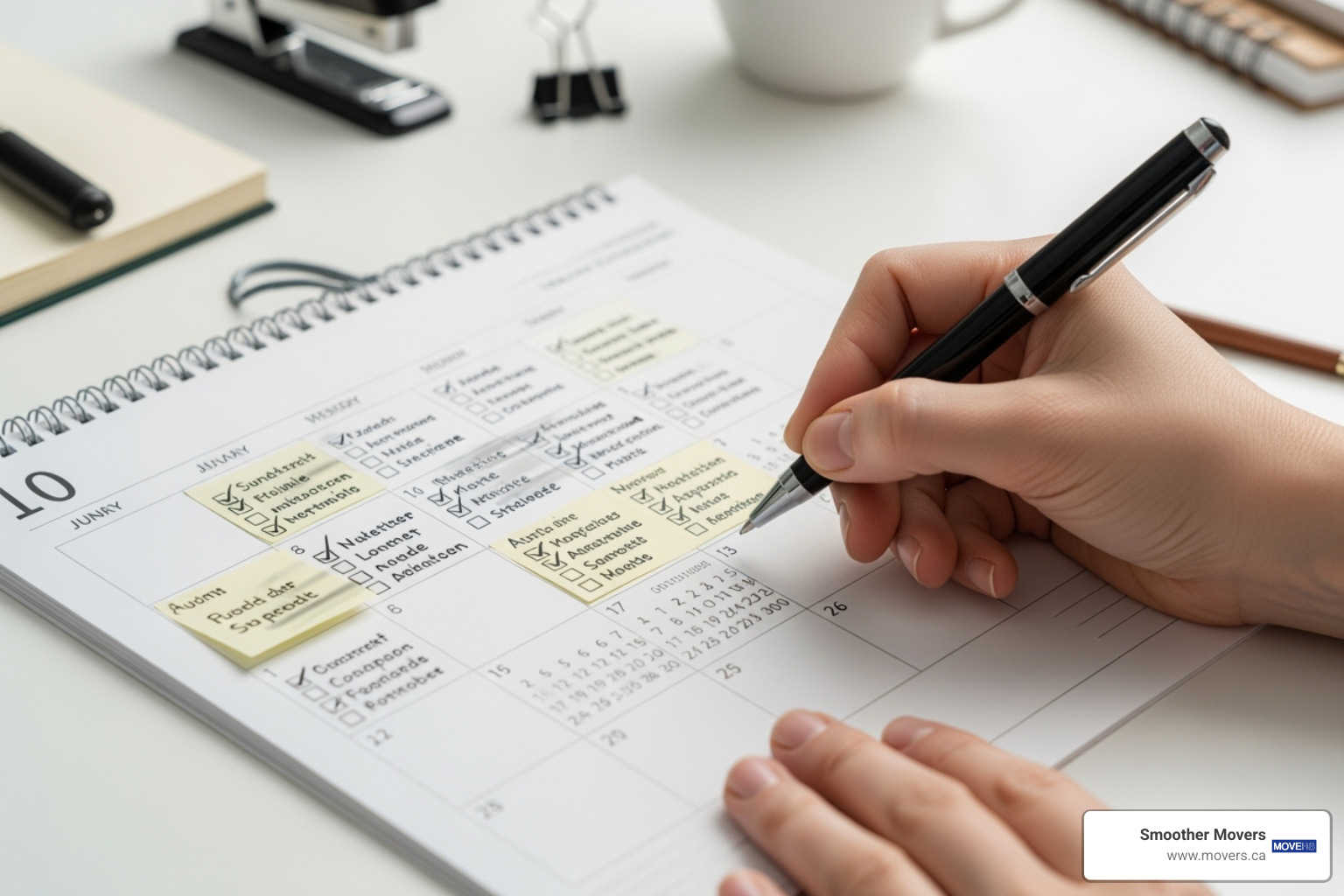 person writing on a moving checklist calendar - long distance moving experts