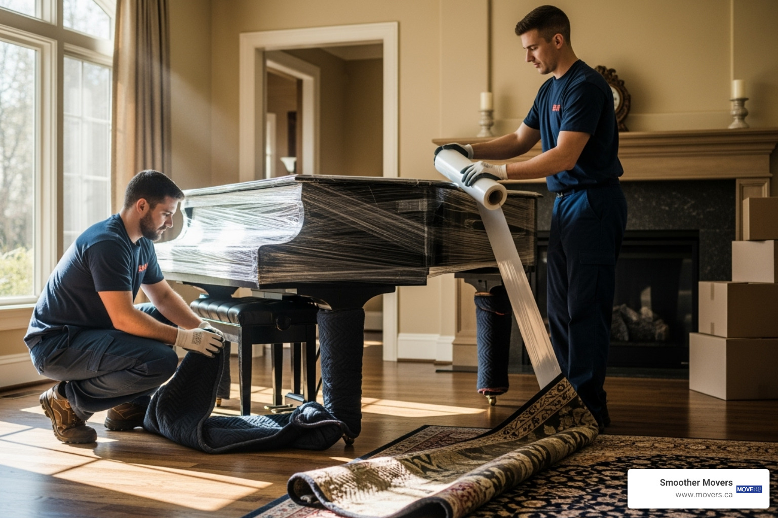 professional movers carefully wrapping a grand piano - long distance moving experts