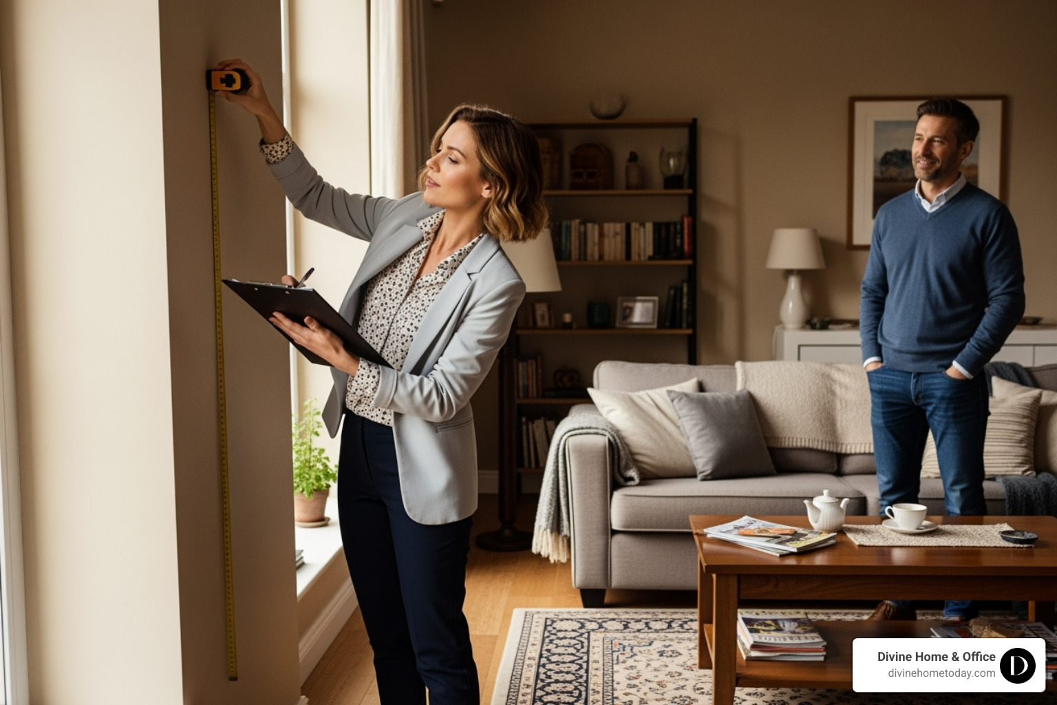 designer taking notes and measuring a room with the homeowner present - in-home interior design consultation