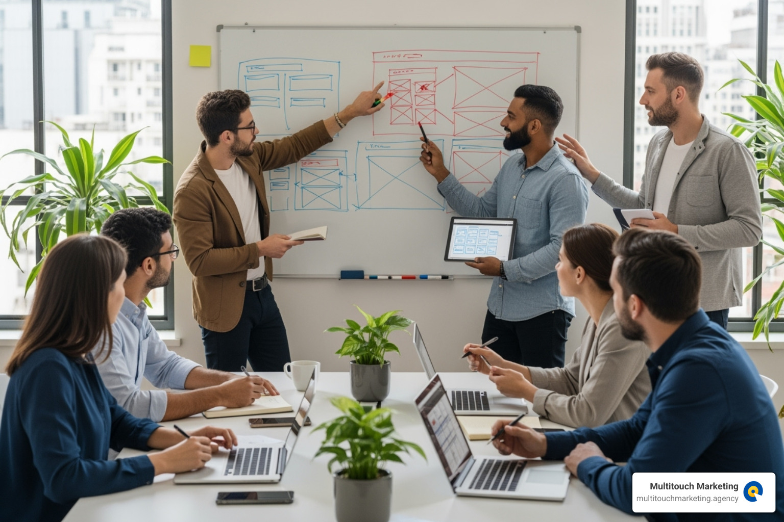 Team collaborating on website wireframes - website design management Team collaborating on website wireframes - website design management
