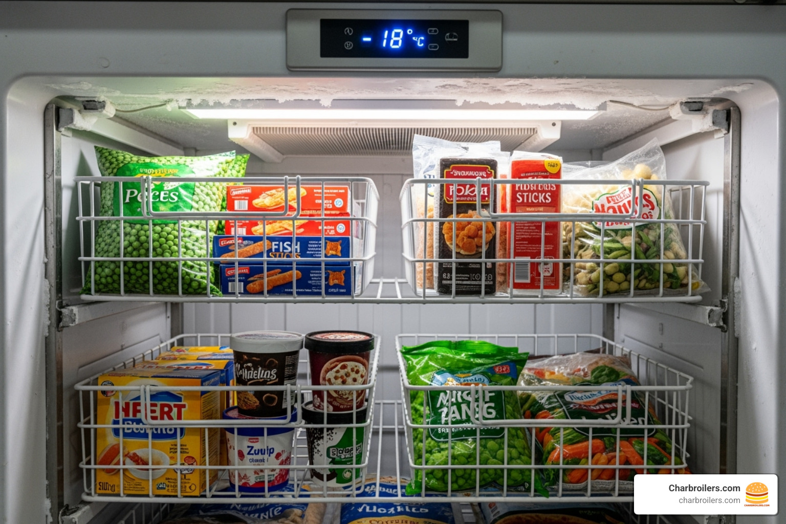 digital thermostat and interior baskets in a freezer - commercial deep freezer