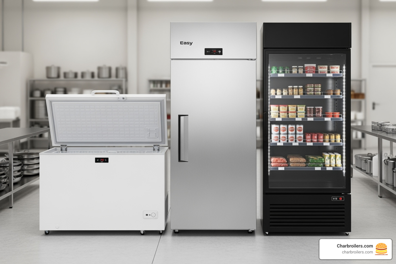 showing a chest freezer, an upright freezer, and a display freezer side-by-side - commercial deep freezer
