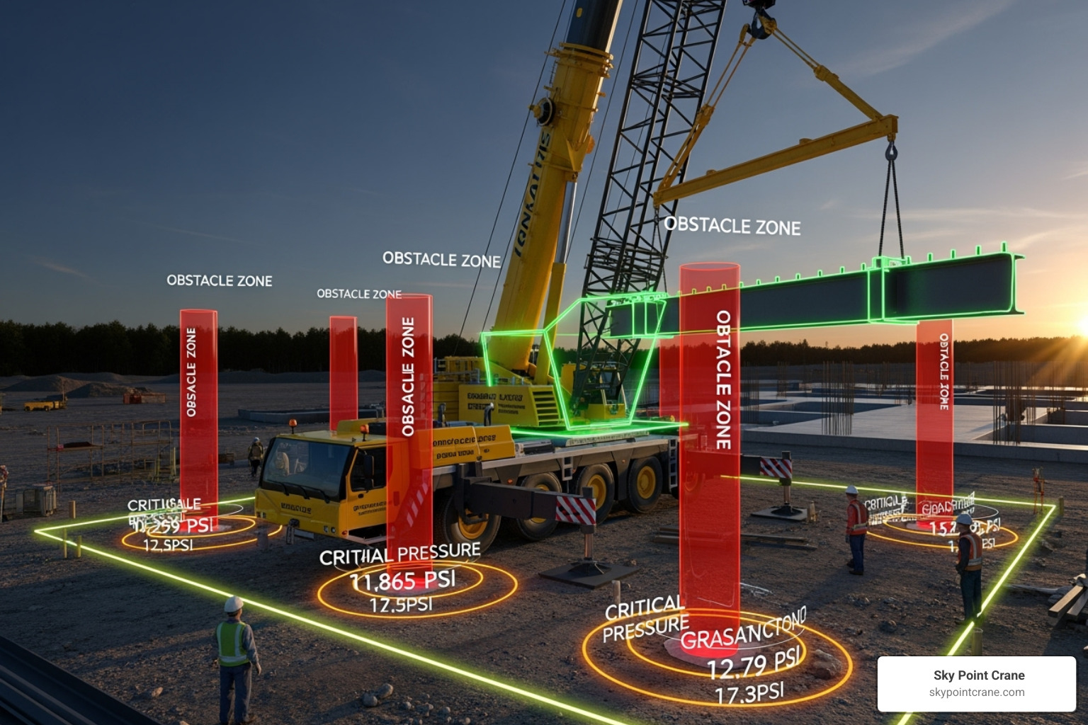 A detailed 3D lift plan simulation showing a crane lifting a heavy load, with clear visual indicators for obstacles, ground pressure zones, and load paths. - 3d lift plan