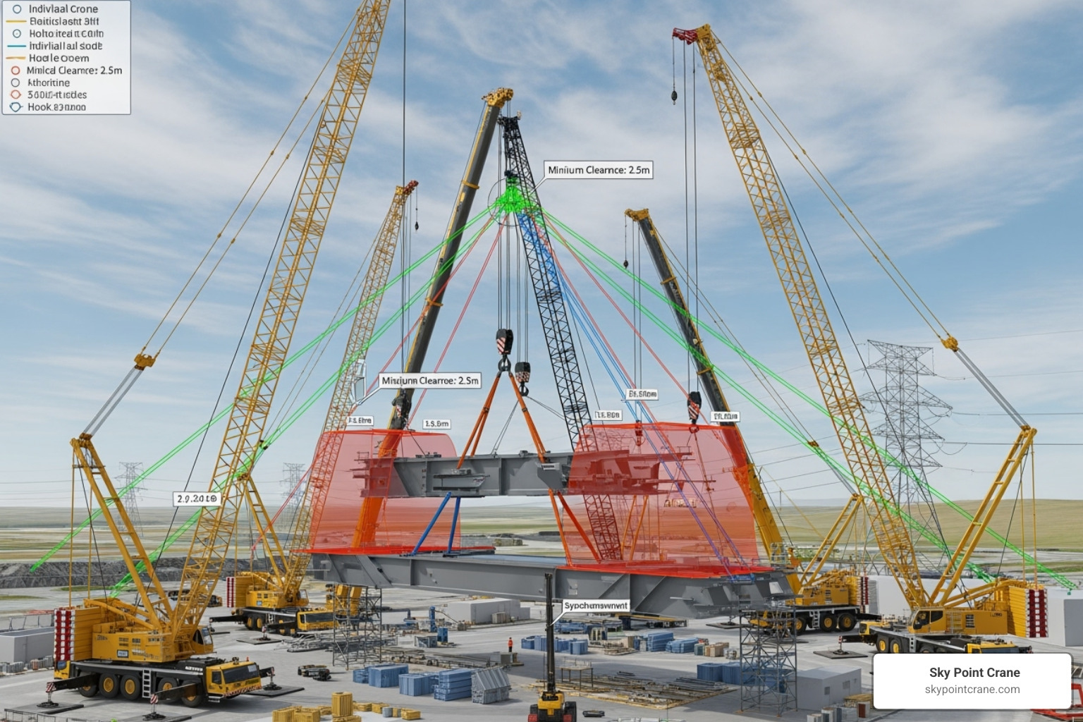 A detailed 3D diagram from lift planning software showing a complex multi-crane lift operation, highlighting synchronized movements, load paths, and clearances between multiple cranes and structures. - 3d lift plan