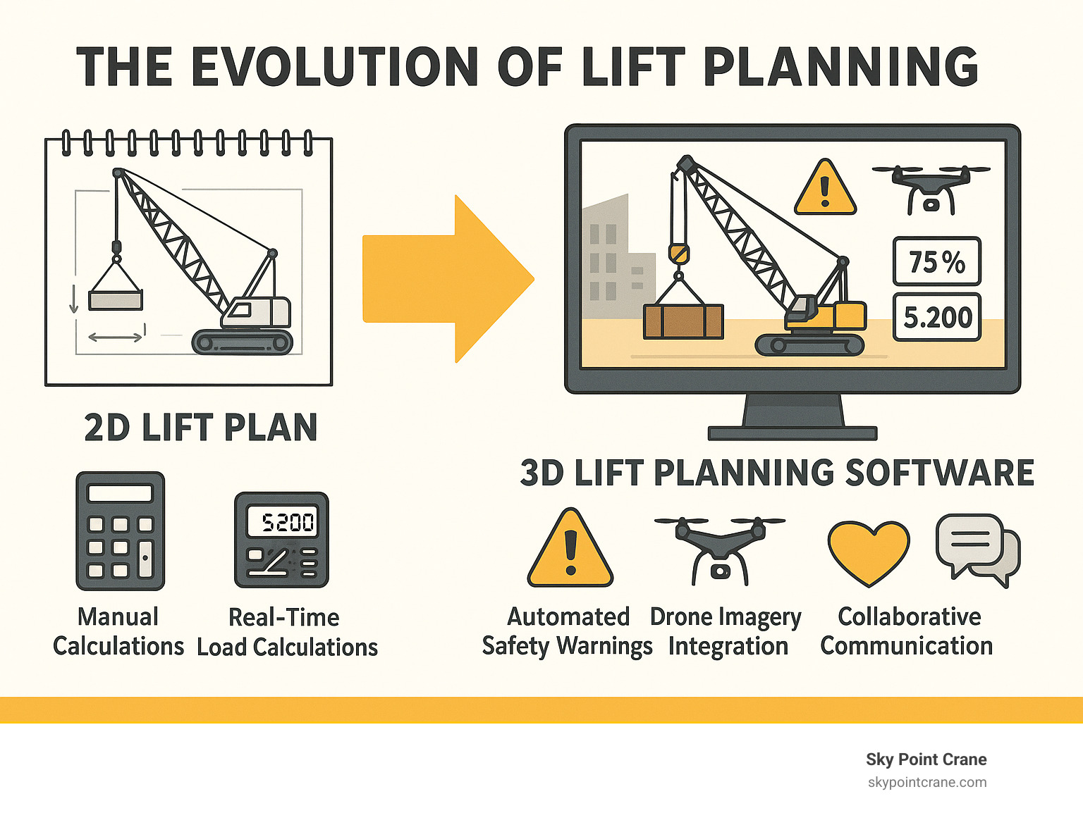 Comprehensive infographic showing the evolution from traditional 2D hand-drawn lift plans with basic sketches and manual calculations to modern 3D lift planning software featuring interactive crane simulations, automated safety warnings, real-time load calculations, drone imagery integration, and collaborative stakeholder communication tools - 3d lift plan infographic 