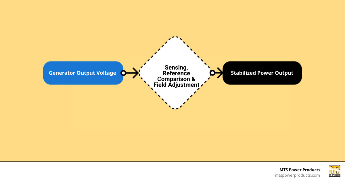 Detailed infographic showing AVR feedback loop: voltage sensing circuit monitors generator output, compares to reference voltage, sends error signal to exciter stator, which adjusts exciter field current to modify magnetic field strength and stabilize generator output voltage - voltage regulator for diesel generator infographic flowmap_simple