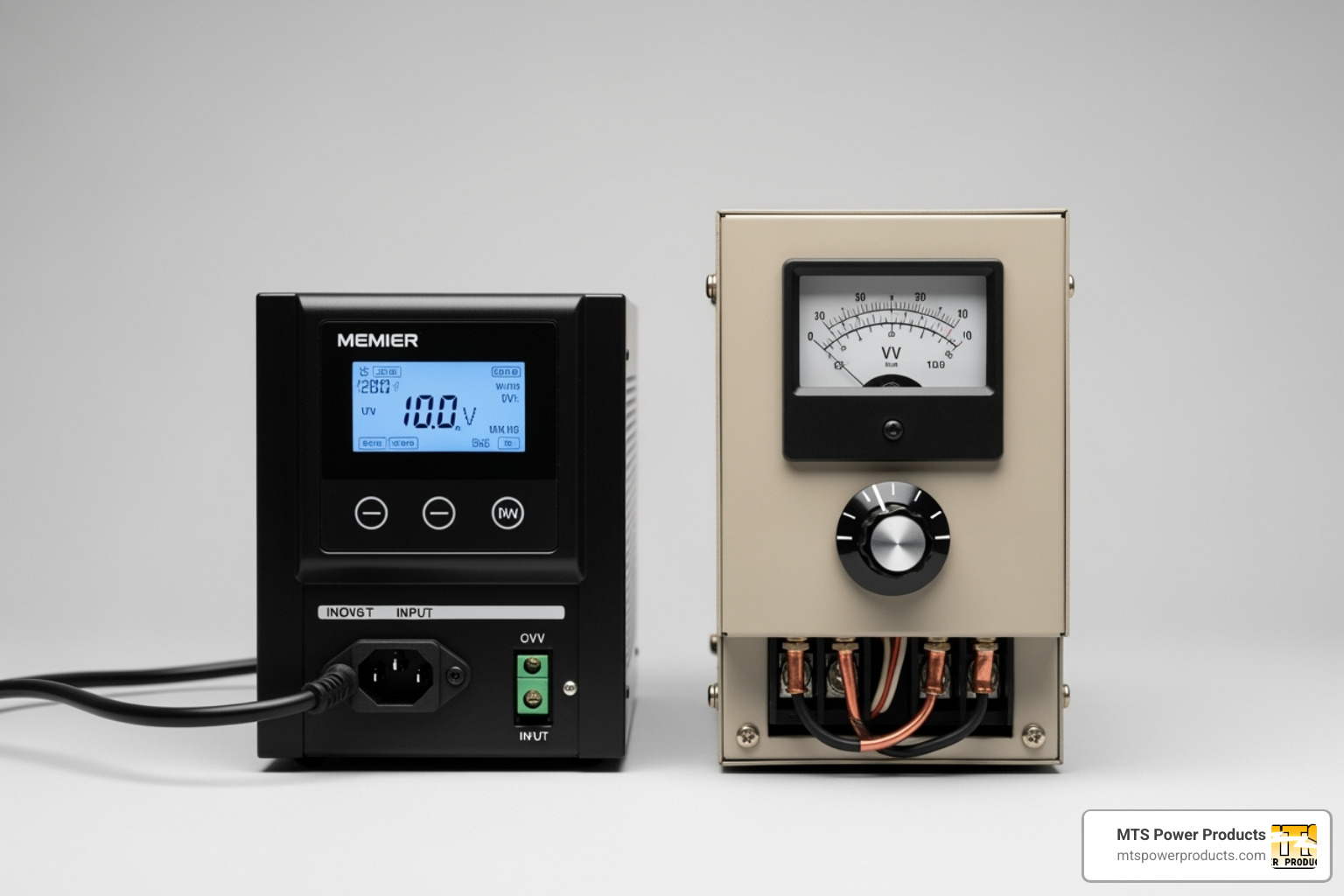 comparison of modern digital AVR next to older electromechanical one - voltage regulator for diesel generator