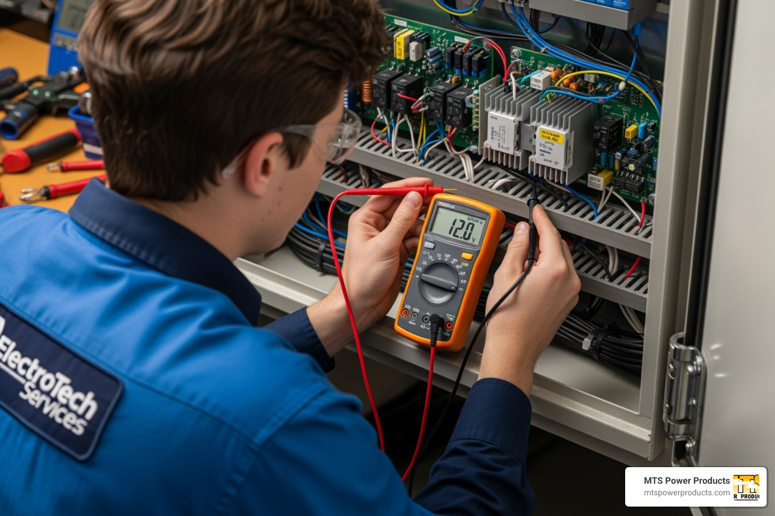 technician testing a voltage regulator with a multimeter - voltage regulator for diesel generator