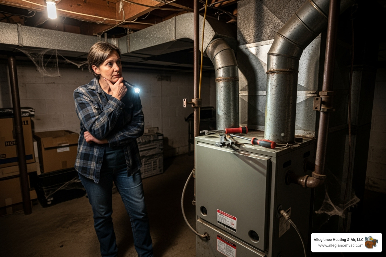 homeowner looking thoughtfully at their old furnace - heating system replacement