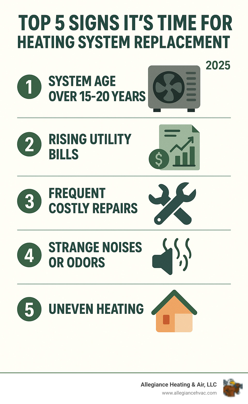 Infographic showing the top 5 signs it's time for heating system replacement: system age over 15-20 years, rising utility bills, frequent costly repairs, strange noises or odors, and uneven heating throughout the home - heating system replacement infographic 