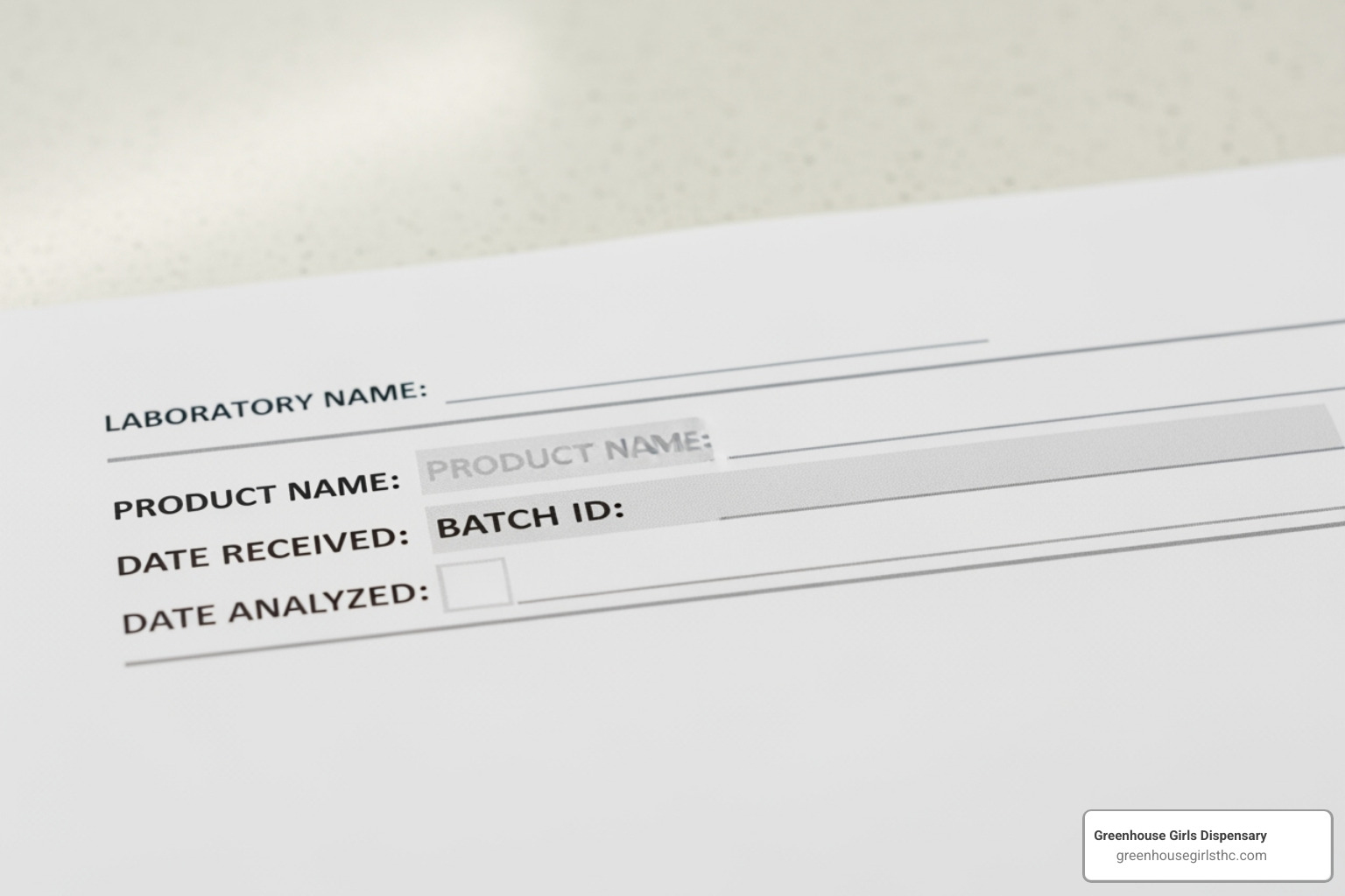 Header section of a sample Certificate of Analysis showing lab name, product name, batch ID, and dates - how to read cannabis lab test results