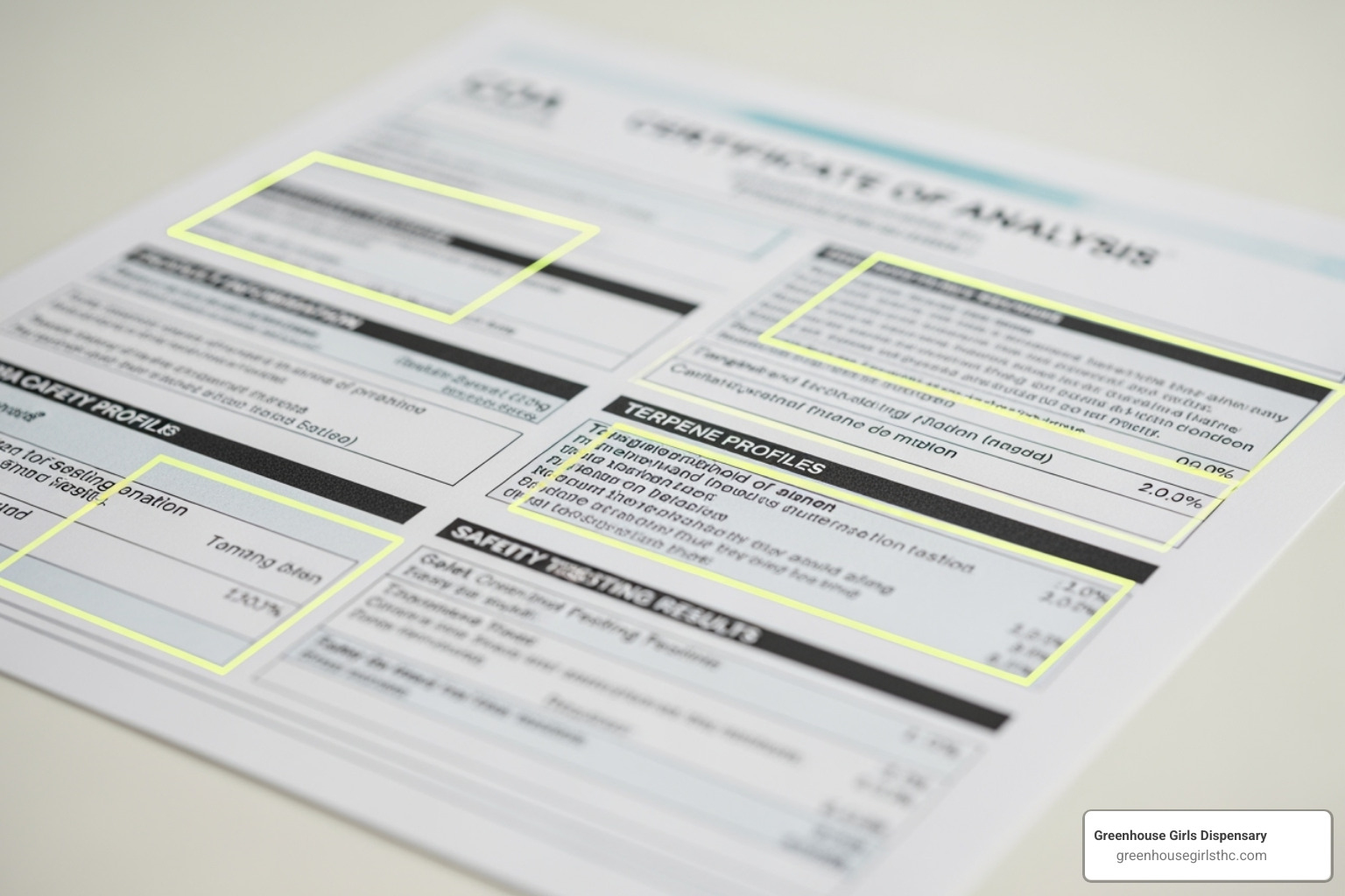 Sample Certificate of Analysis with key sections highlighted - Lab tested THCa