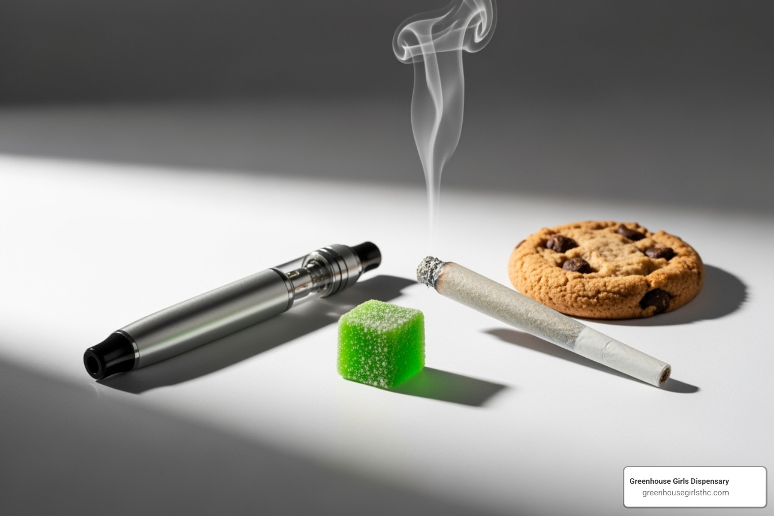 Various THCa consumption methods like a vape, a joint, and an edible - buy THCa online