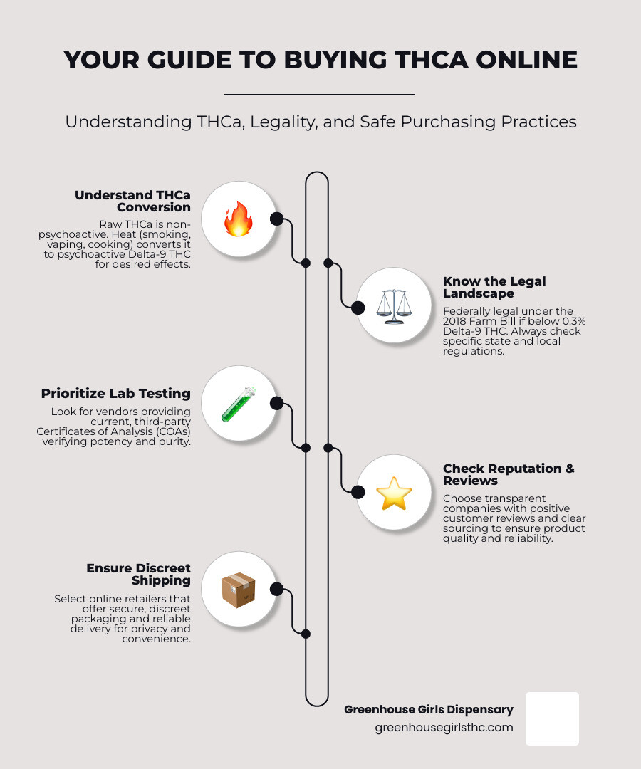 Infographic showing THCa vs THC conversion process, legal status under Farm Bill, and top factors for choosing online vendors including lab testing, customer reviews, and discreet shipping - buy THCa online infographic infographic-line-5-steps-neat_beige
