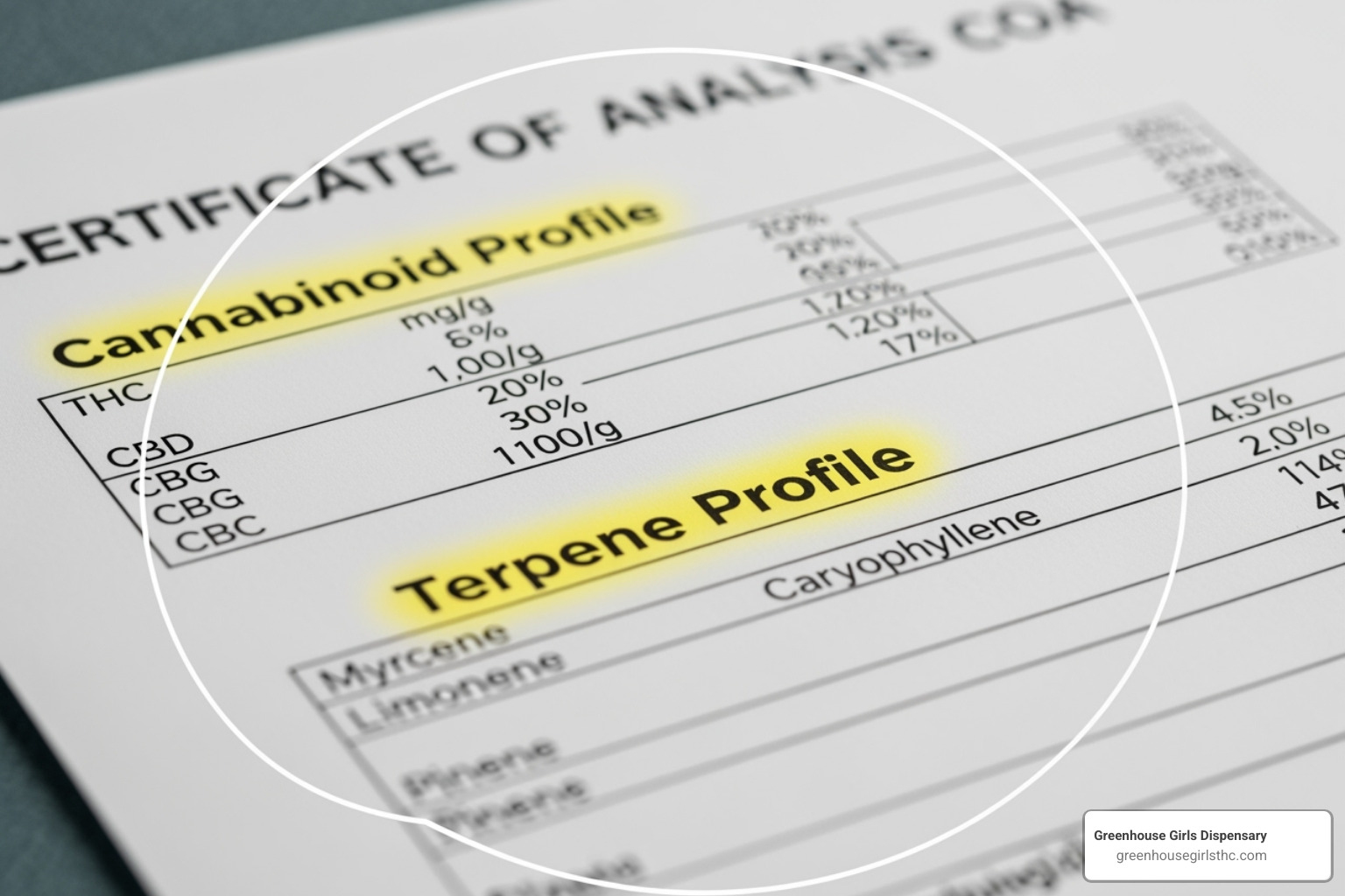 Sample Certificate of Analysis with cannabinoid and terpene sections highlighted - how to read cannabis lab test results