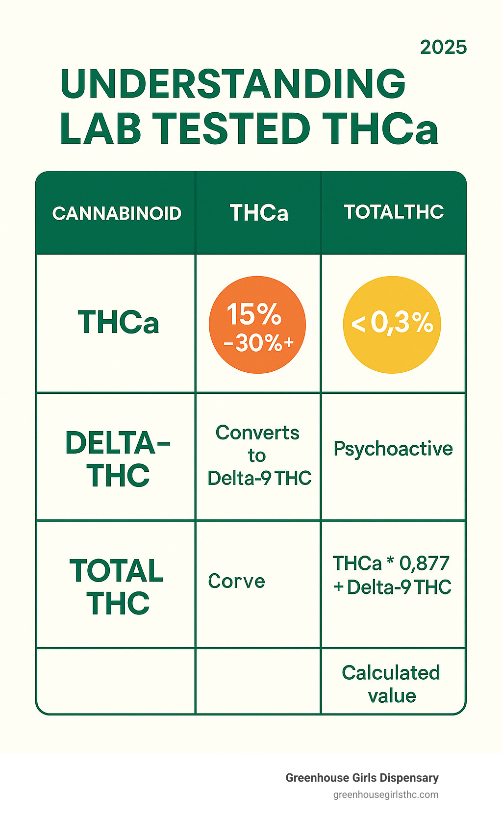 Infographic comparing THCa, Delta-9 THC, and Total THC percentages in a table format - Lab tested THCa infographic 