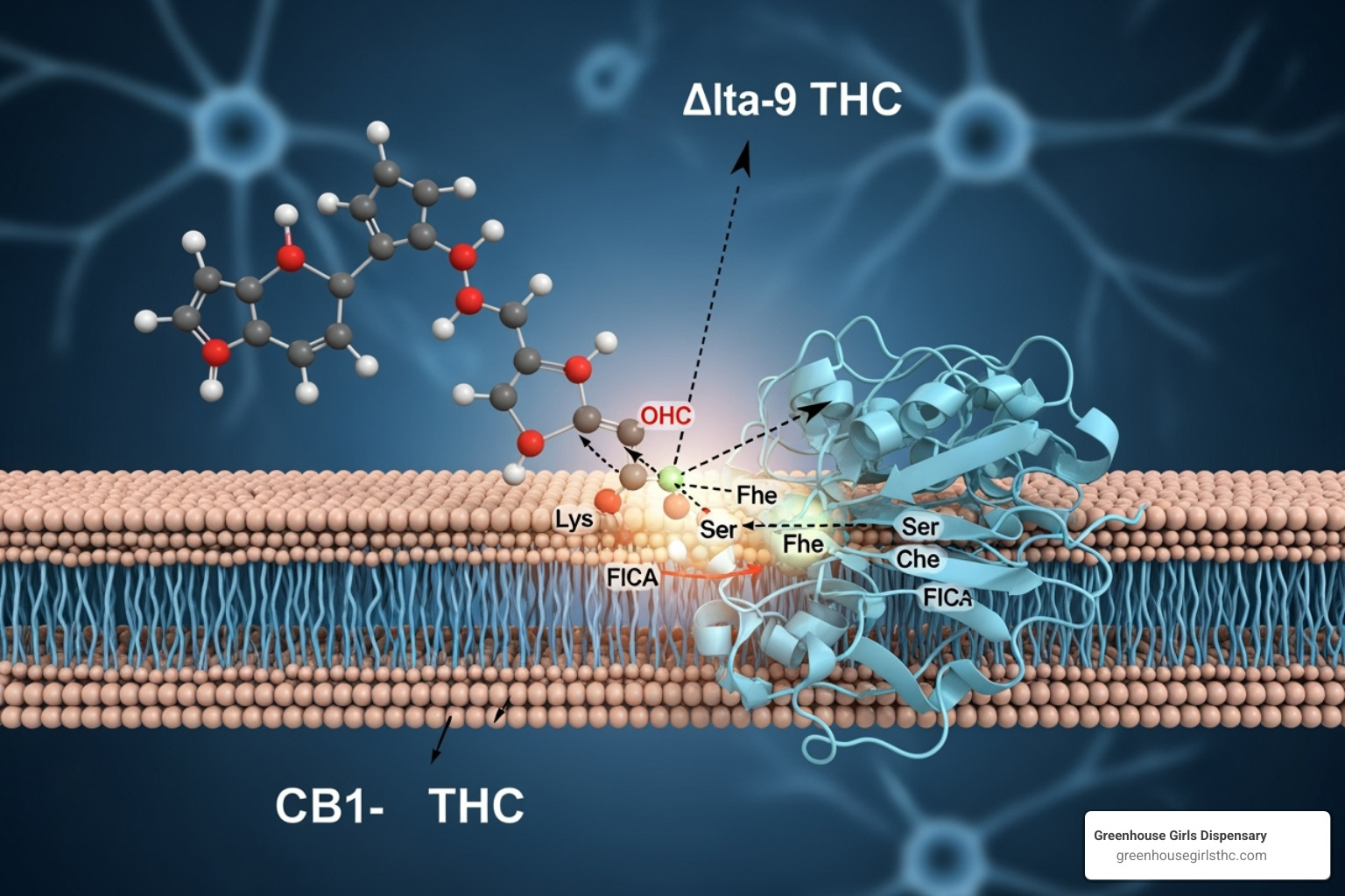 Molecular structure of Delta 9 THC interacting with a brain receptor - how long do delta 9 gummies last