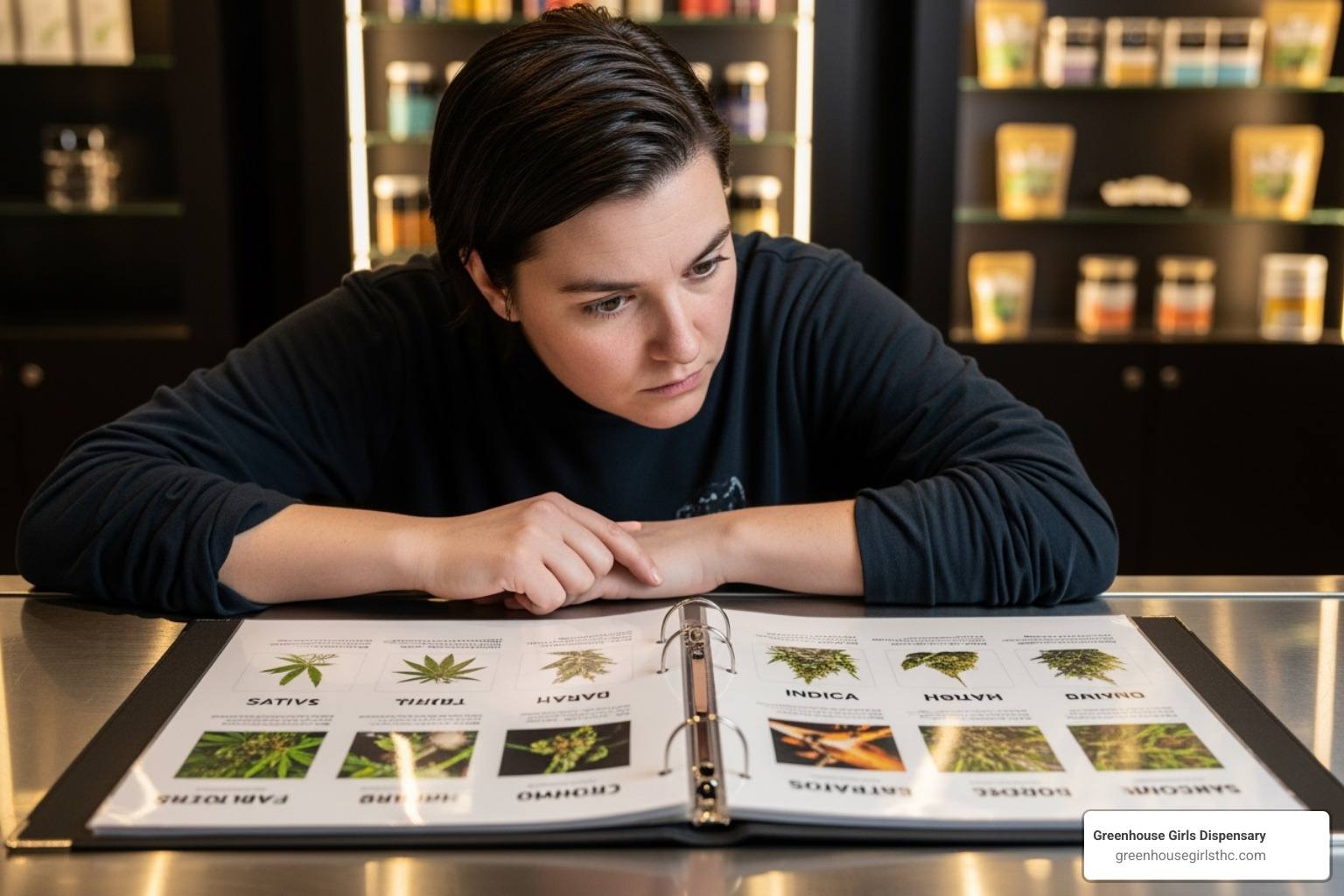 Person thoughtfully examining a hemp strain menu - Different hemp strains
