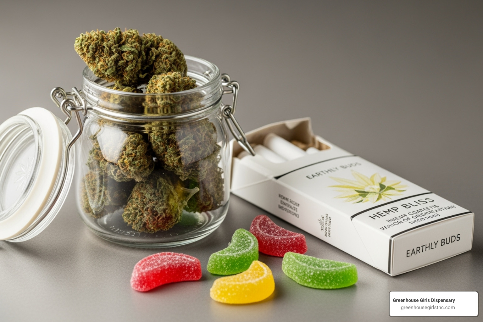 Image of different types of samples: a small jar of flower, a pack of hemp cigarettes, and some gummies - free smoke samples by mail free shipping