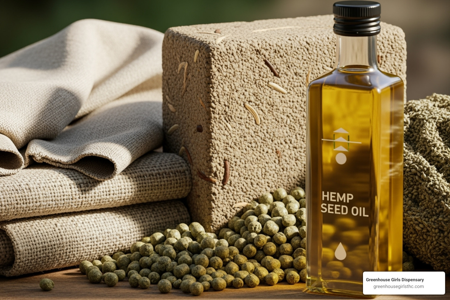 various hemp products: textiles, hempcrete block, bioplastic pellets, and hemp seed oil - Sustainable hemp farming