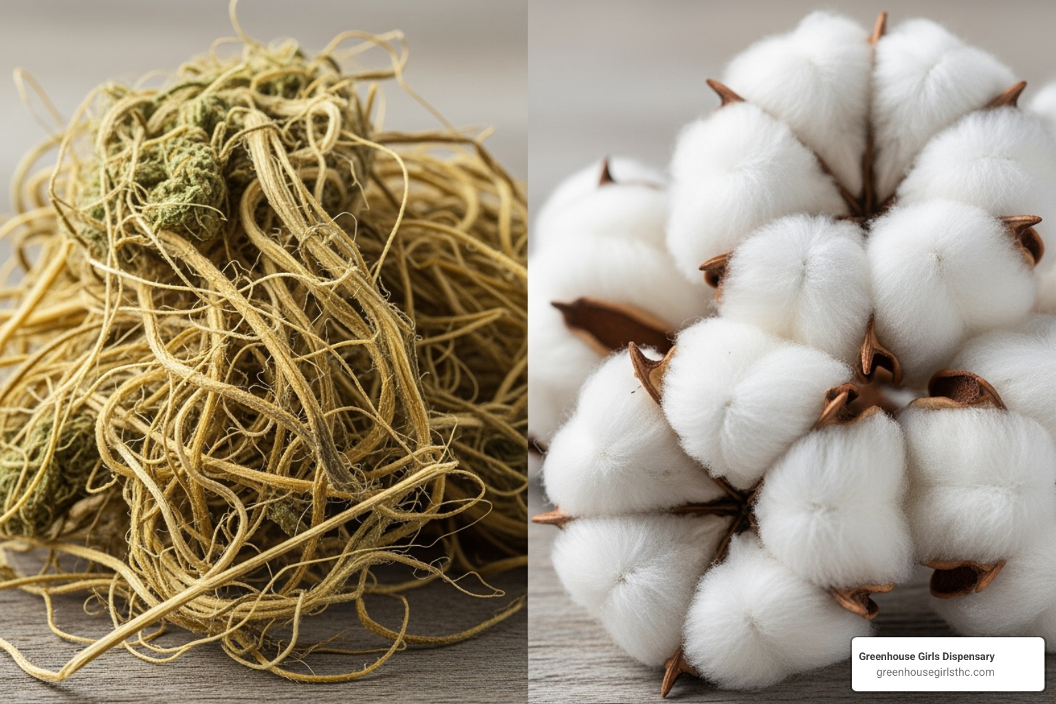 hemp fiber next to cotton bolls - Sustainable hemp farming