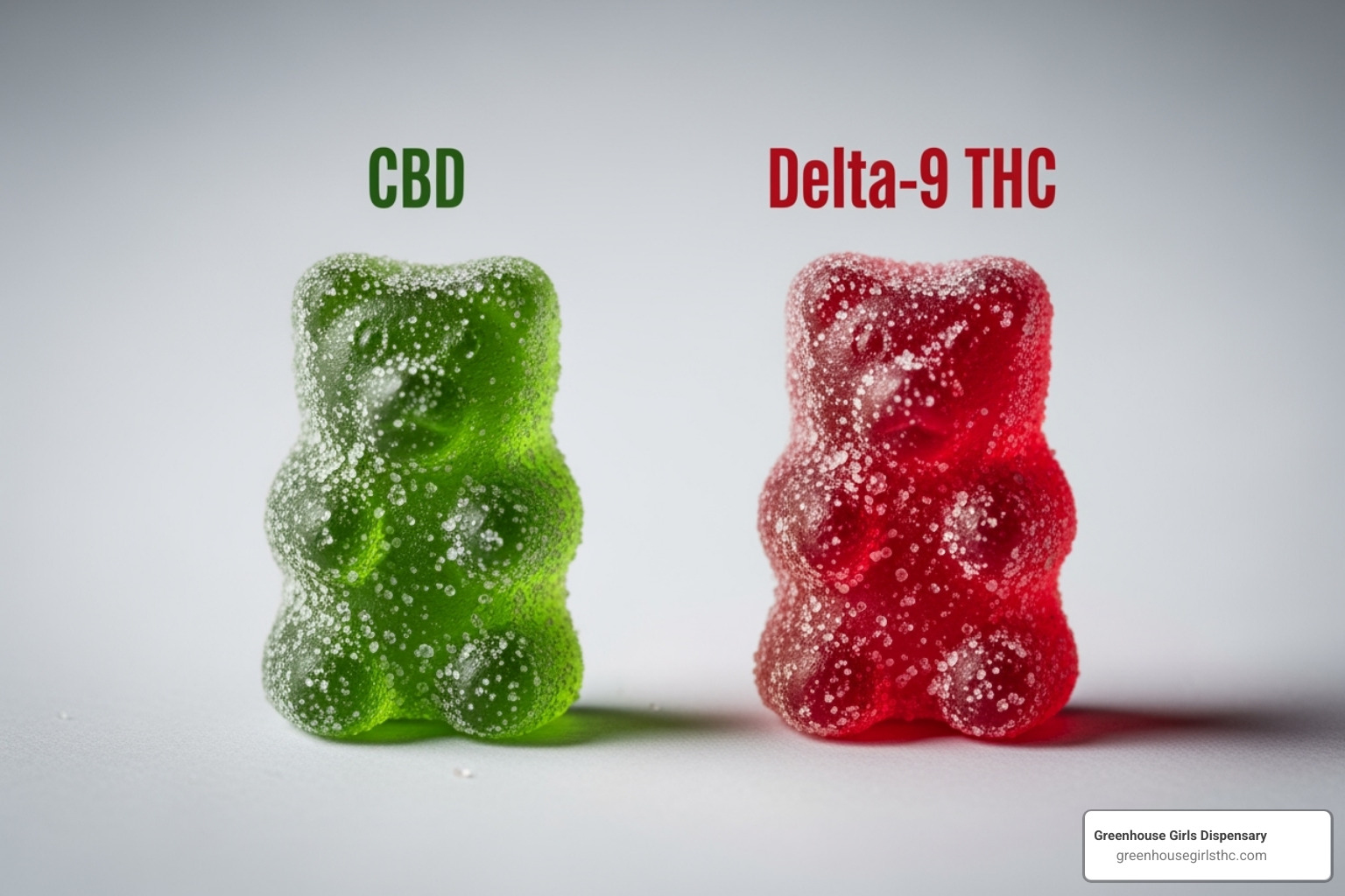 CBD gummy next to a Delta-9 THC gummy - hemp derived delta 9 edibles
