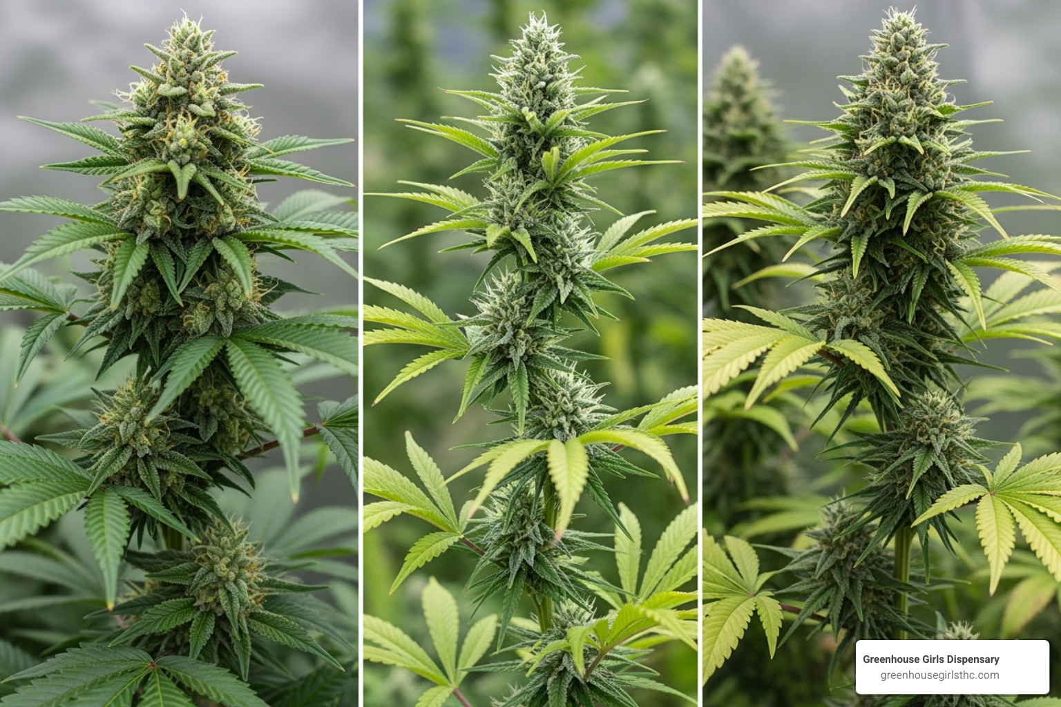 Image comparing the physical appearance of Indica, Sativa, and Hybrid cannabis plants - Indica THCa flower