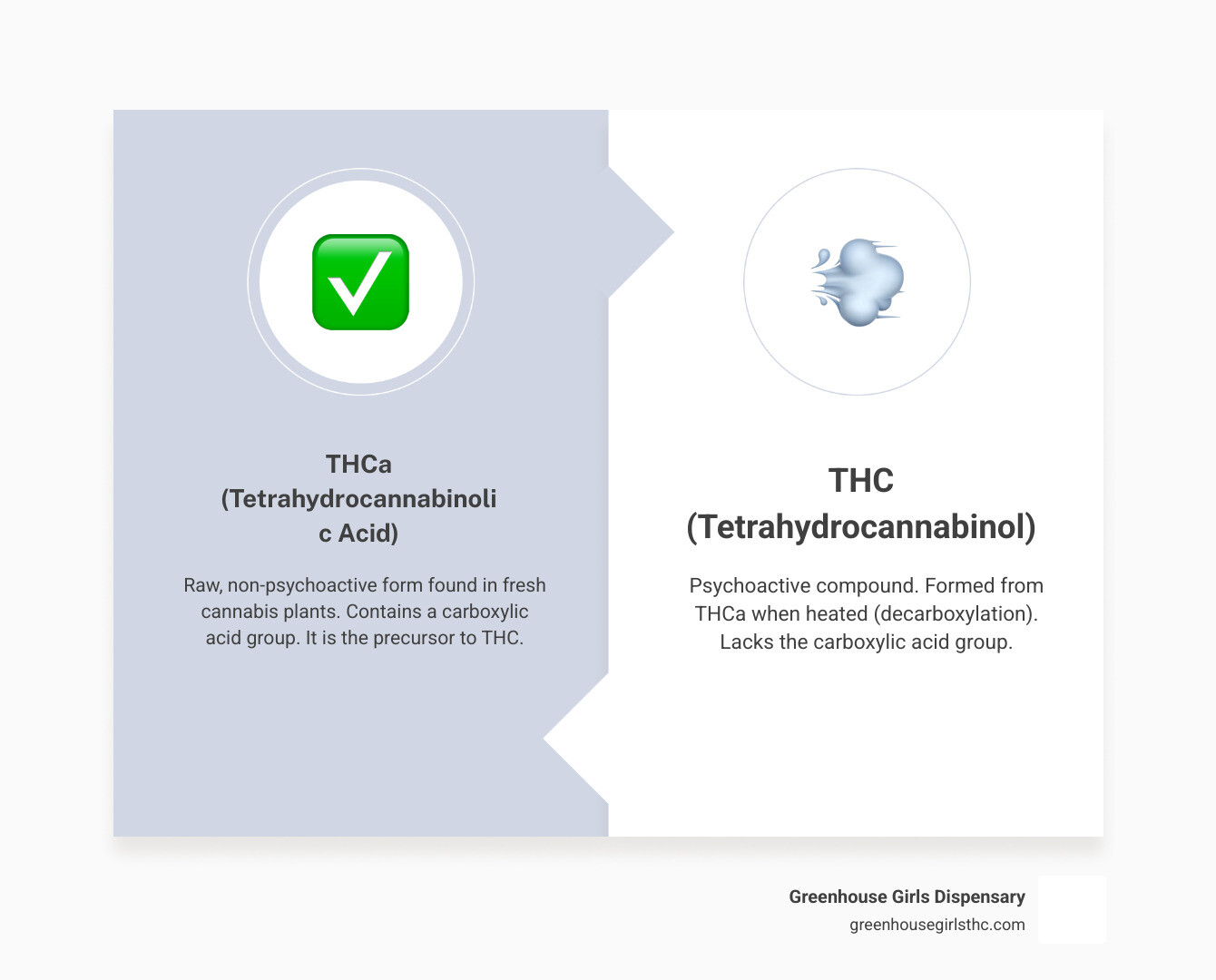 Infographic showing the molecular structure of THCa versus THC, highlighting the carboxylic acid group that gets removed during decarboxylation when cannabis is heated, converting non-psychoactive THCa into psychoactive THC - what is THCa infographic comparison-2-items-formal