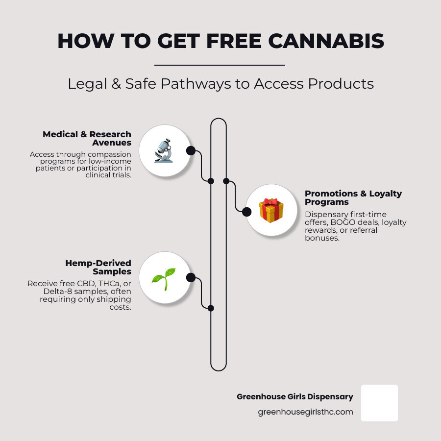 Infographic showing the three main categories of free cannabis access: Medical and Research Programs (compassion programs, clinical studies), Promotional Opportunities (dispensary deals, loyalty rewards, BOGO offers), and Hemp-Derived Samples (CBD products, THCa flower, free shipping offers with shipping costs noted) - how to get free weed infographic infographic-line-3-steps-neat_beige