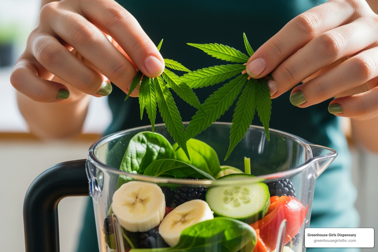 Person adding raw cannabis leaves to a smoothie, emphasizing the non-psychoactive consumption method for THCa - what is THCa