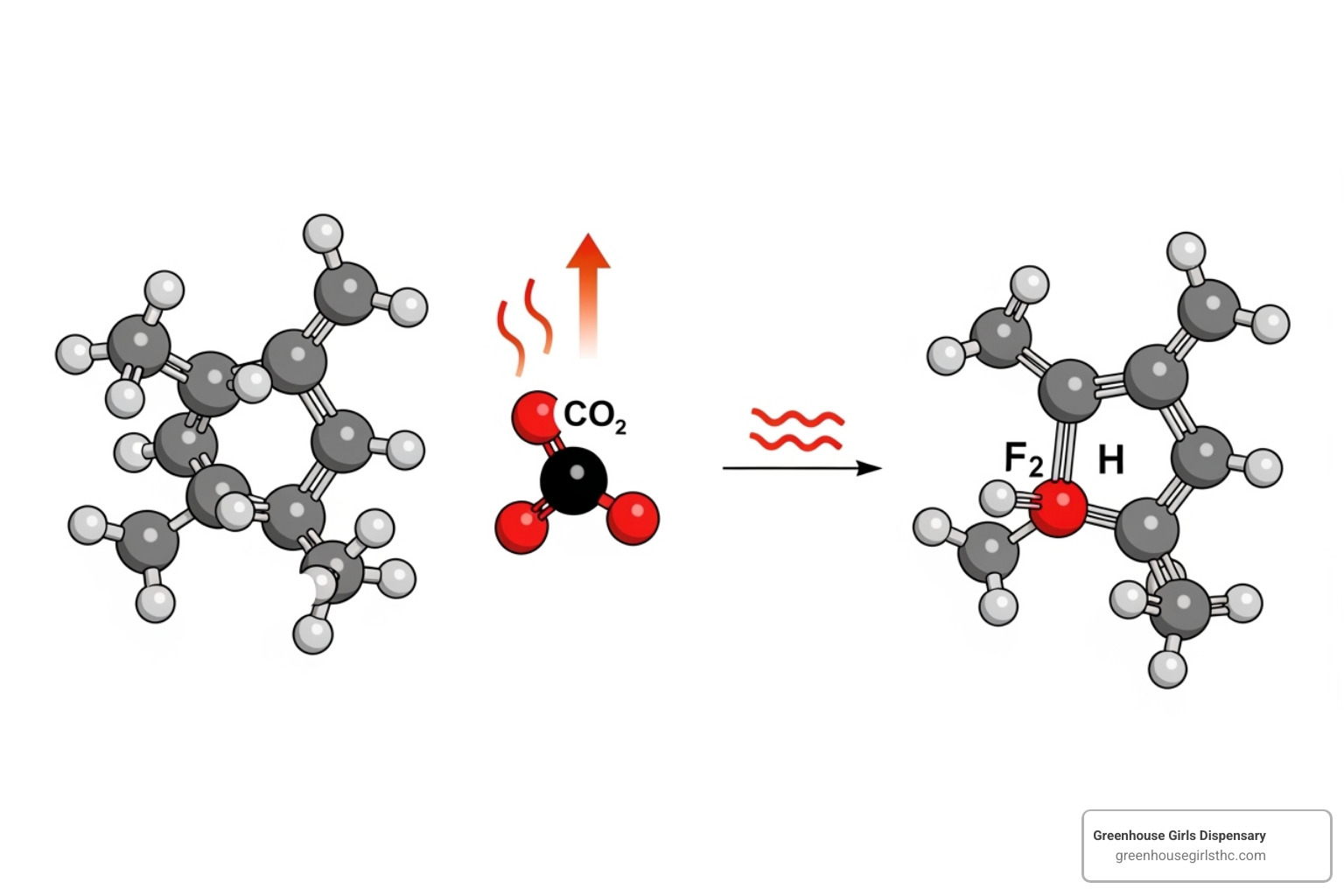 Diagram showing the molecular structure of THCa changing into THC through the removal of a carboxyl group (CO2) via heat (decarboxylation) - what is THCa