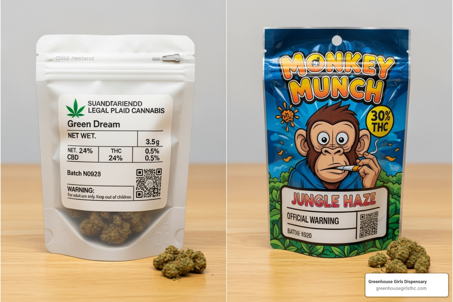 Legal cannabis product in official plain packaging next to an illegally packaged product - legal recreational cannabis