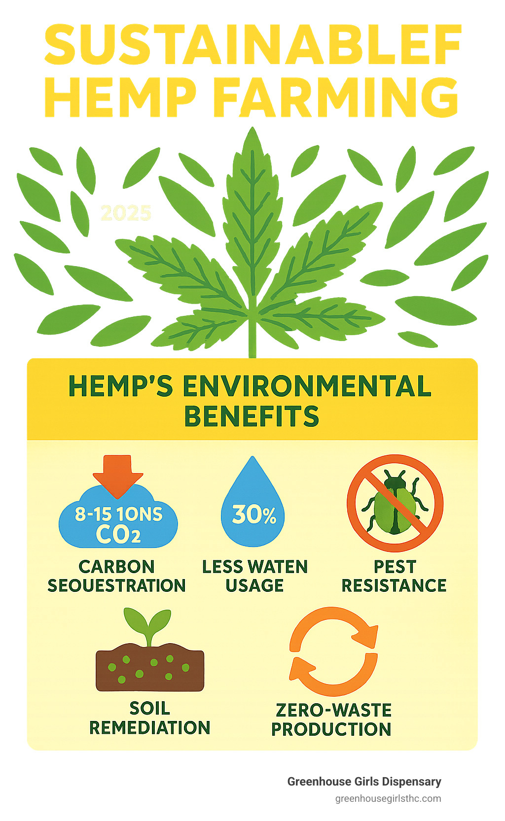 Infographic showing hemp's environmental benefits including carbon sequestration rates of 8-15 tons CO2 per hectare, 30% less water usage than cotton, natural pest resistance reducing pesticide needs, soil remediation capabilities, and whole-plant utilization for zero waste production - Sustainable hemp farming infographic 