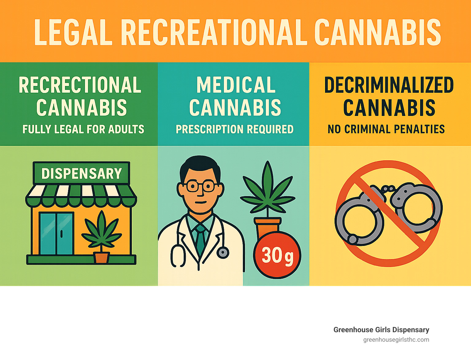 Comprehensive infographic showing three categories: Recreational Cannabis (fully legal for adults with icons for dispensaries, home cultivation, and possession limits), Medical Cannabis (prescription required with doctor and pharmacy icons), and Decriminalized Cannabis (no criminal penalties but still not legal for sale, shown with crossed-out handcuffs) - legal recreational cannabis infographic 