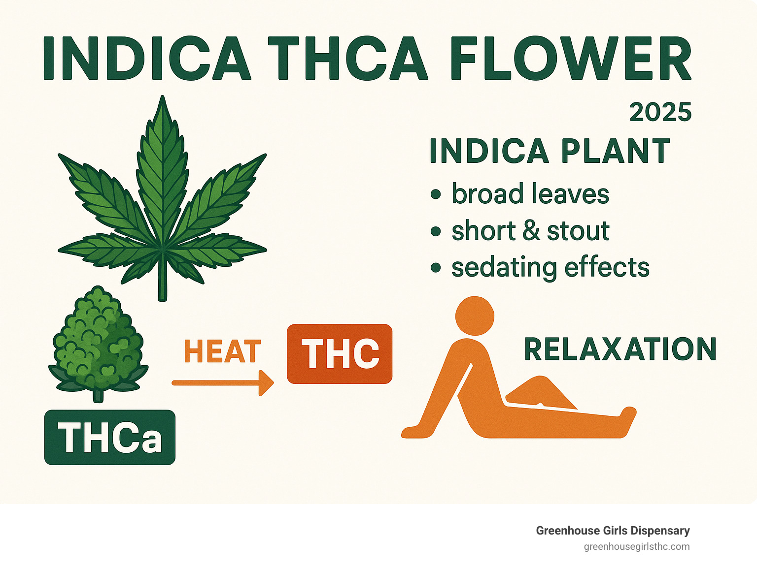Infographic showing THCa flower converting to THC when heated, with indica plant characteristics and typical relaxing effects on the human body - Indica THCa flower infographic 
