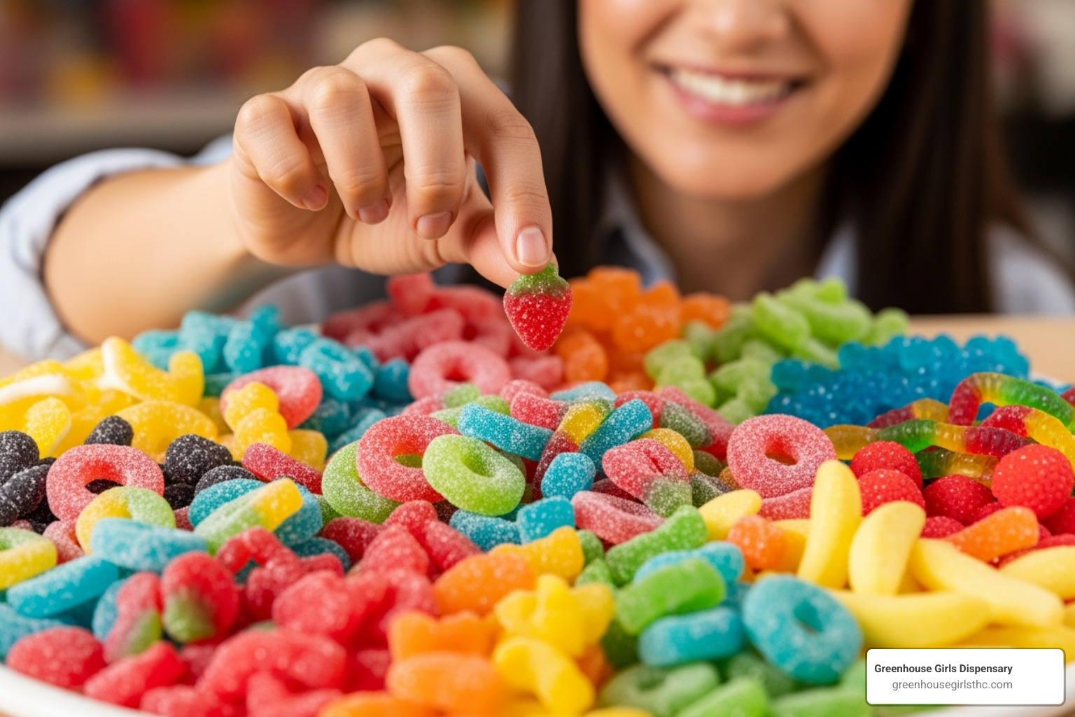 Person happily choosing from a variety of THC gummies - Hemp derived THC gummies