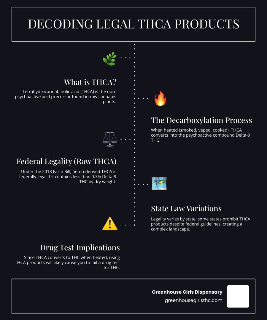 Infographic showing THCA molecule converting to THC molecule through heat application, with legal status indicators for raw THCA (federally legal hemp) versus heated THCA (converted to Delta-9 THC), including state law variations and drug test warnings - legal THCA products infographic infographic-line-5-steps-dark
