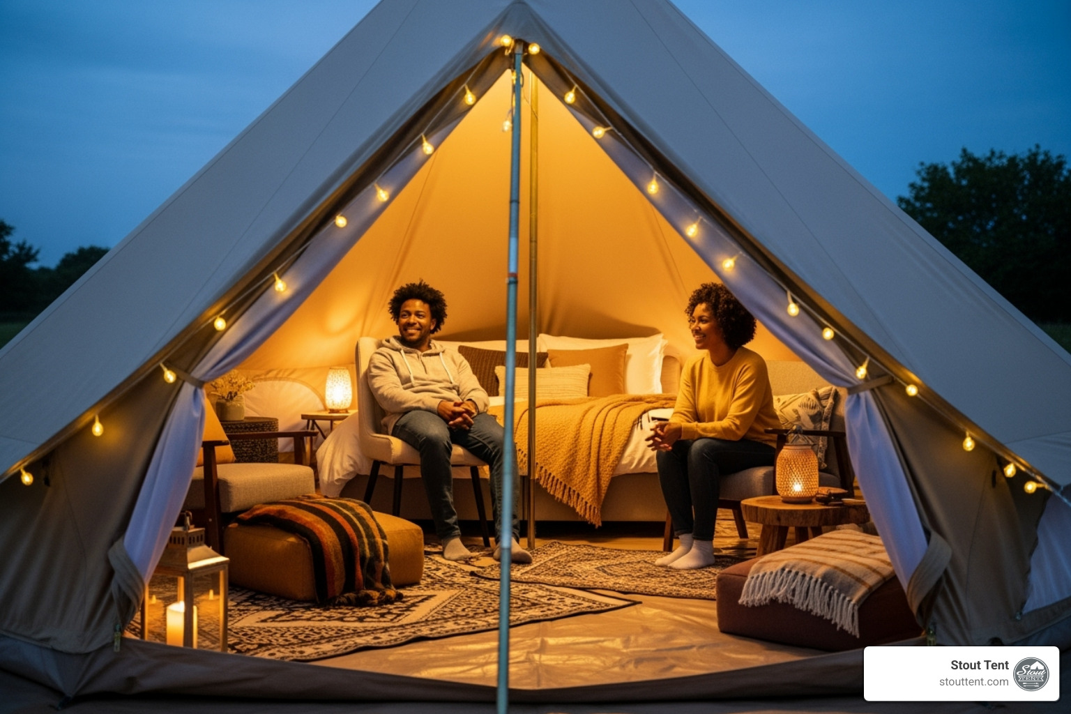 campsite at dusk with ambient string lights and a smokeless fire pit - luxury camping gear