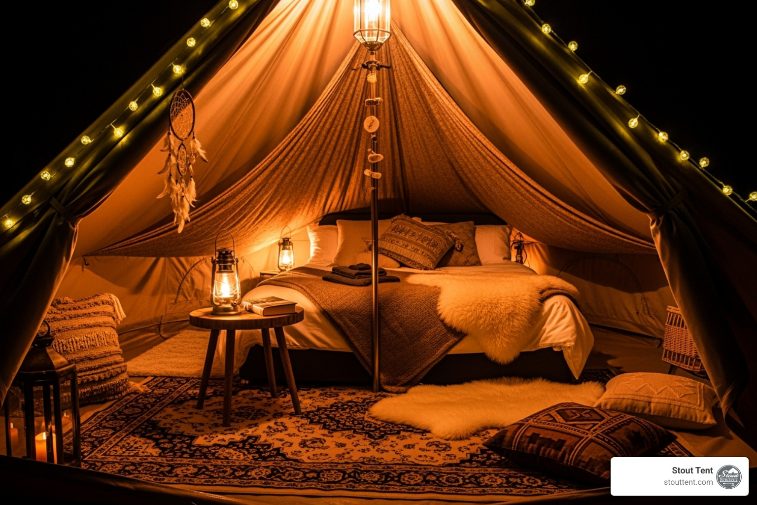 cozy, well-decorated interior of a canvas bell tent with a made-up bed - luxury camping gear