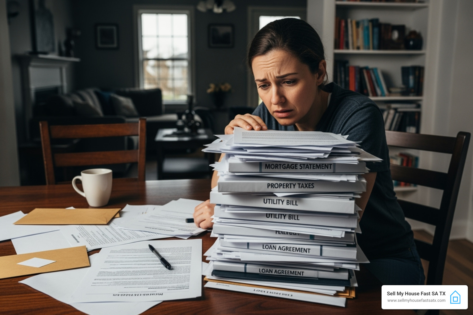 Stressed homeowner reviewing paperwork - how long after bankruptcy can i sell my house
