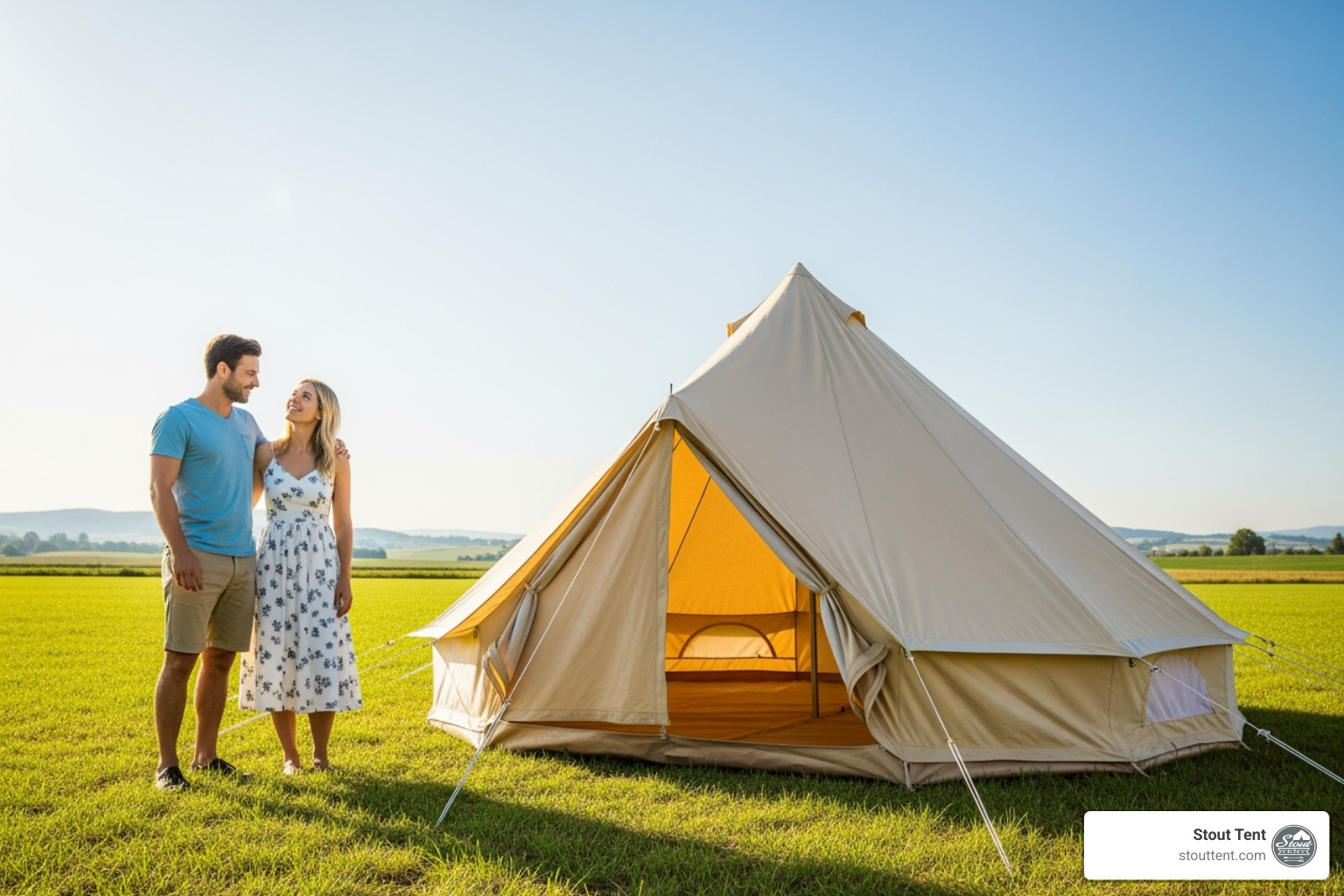 A vibrant, clean bell tent standing proudly in a sunny, open field, drying perfectly with a happy couple enjoying the positive outcome - clean canvas tent
