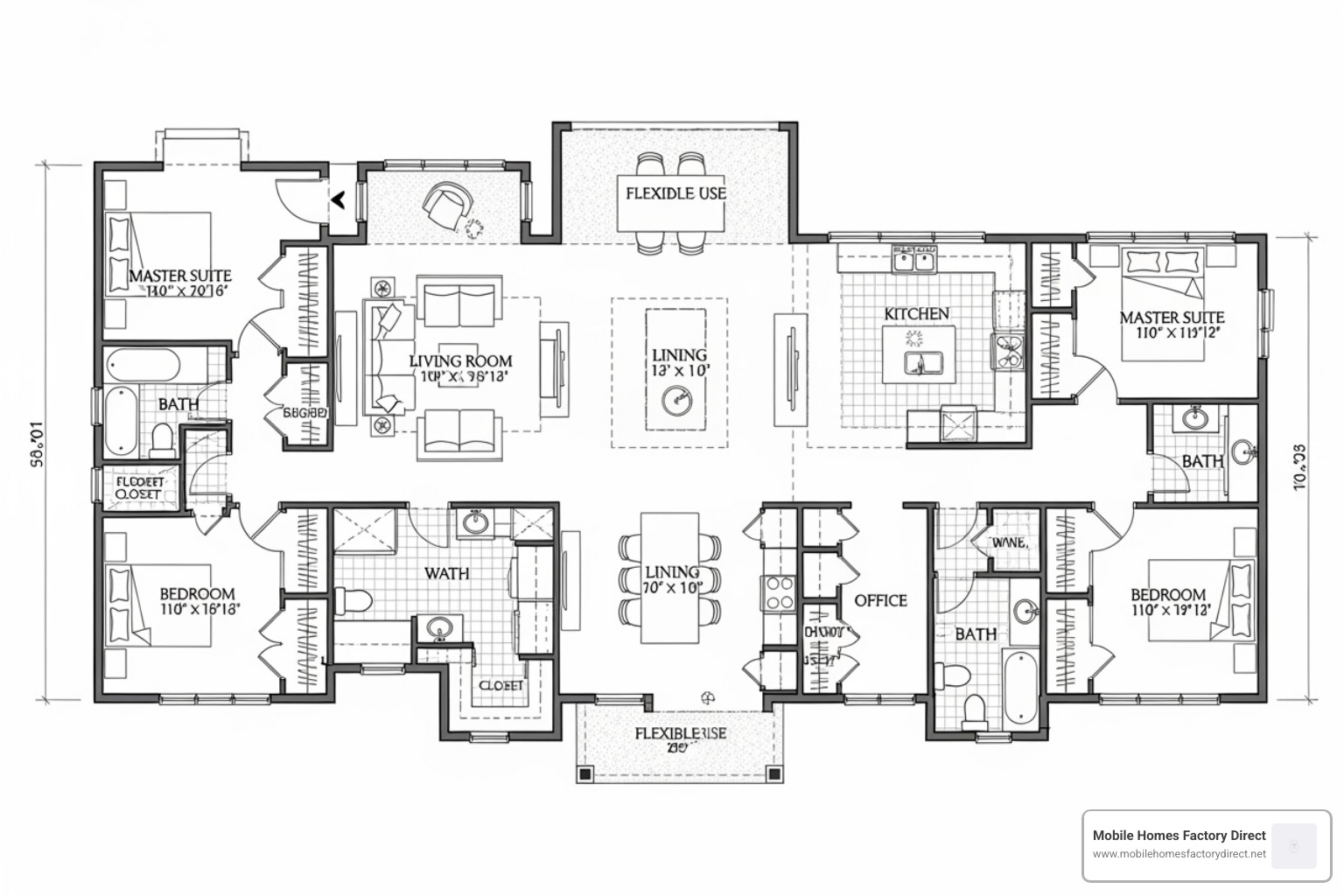 A detailed floor plan of a triple wide home, showing three distinct sections joined together, with multiple bedrooms, bathrooms, a large open-concept living area, kitchen, and dining space, along with a dedicated office or flex room - Triple wide homes